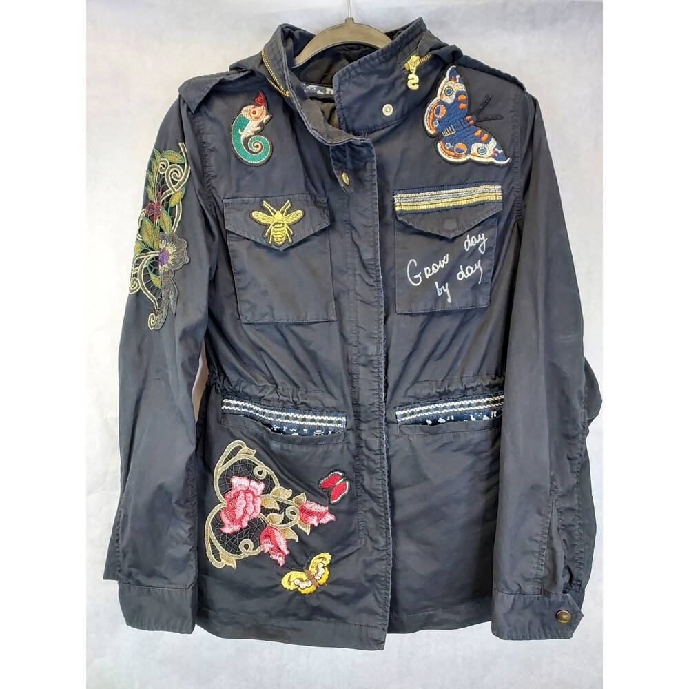 Desigual Clansei Jacket Womens XS Parka Hood Removeable Lining Floral Embroidery